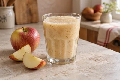 Smoothie 100 % pomme, clair et légèrement mousseux, dans un verre à facettes avec une pomme et ses quartiers.