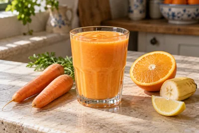 Smoothie ACE orange dans un verre à facettes, avec des carottes, une orange, du citron et de la banane.