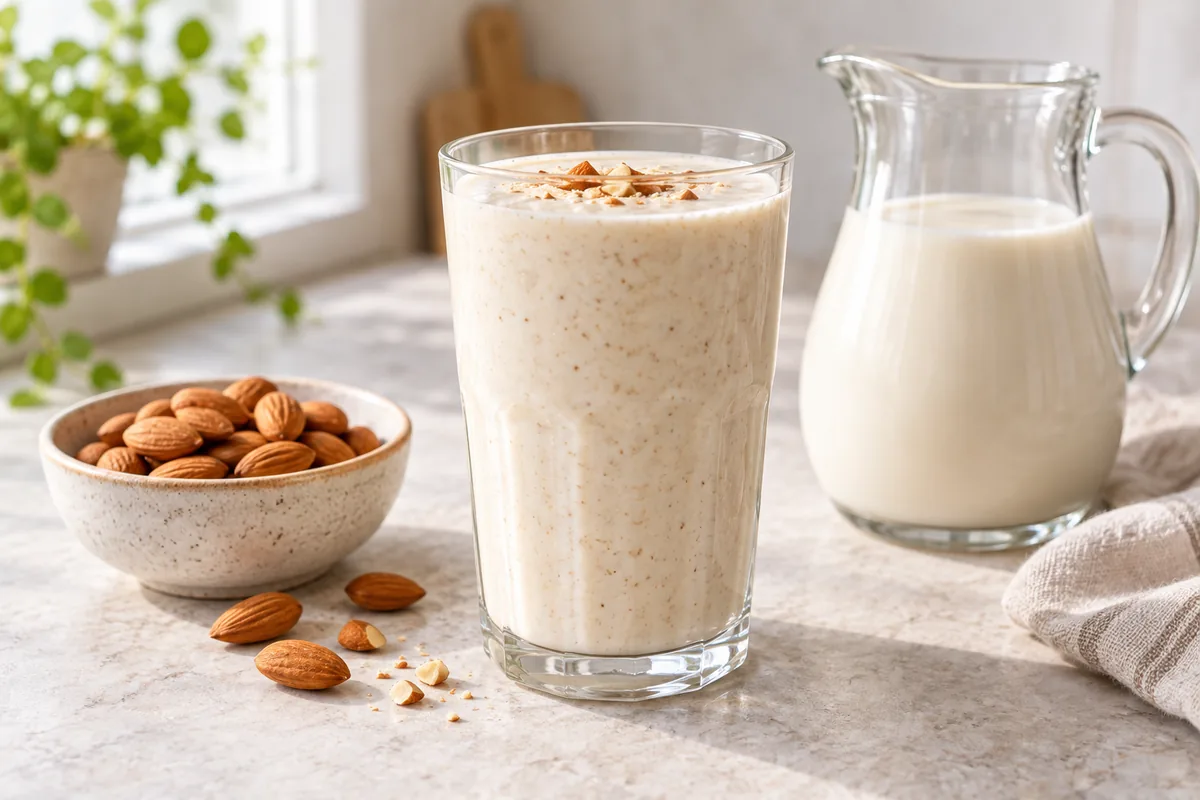 Smoothie violet clair au lait d'amande et à la myrtille dans un verre haut, amandes posées à côté