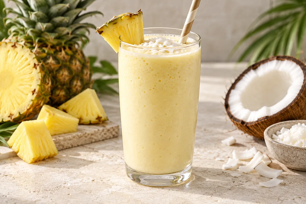 Smoothie jaune ananas coco dans un verre haut, morceau d'ananas et copeaux de coco sur le bord