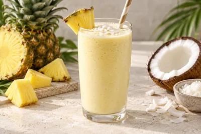Smoothie jaune ananas coco dans un verre haut, morceau d'ananas et copeaux de coco sur le bord