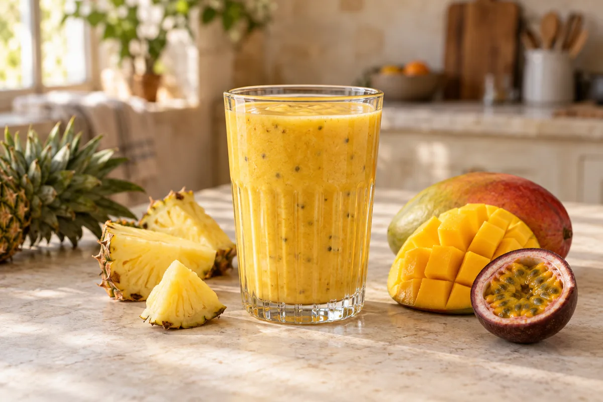 Smoothie ananas, mangue et fruits exotiques dans un verre cannelé, avec de l’ananas, une mangue et un fruit de la passion.