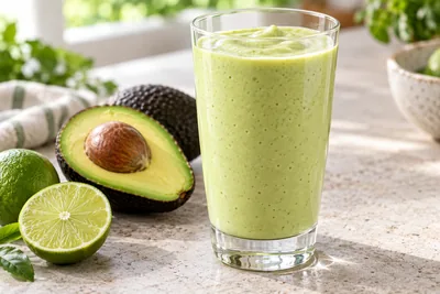 Smoothie vert pâle à l'avocat et à la banane dans un verre haut, demi-avocat posé à côté