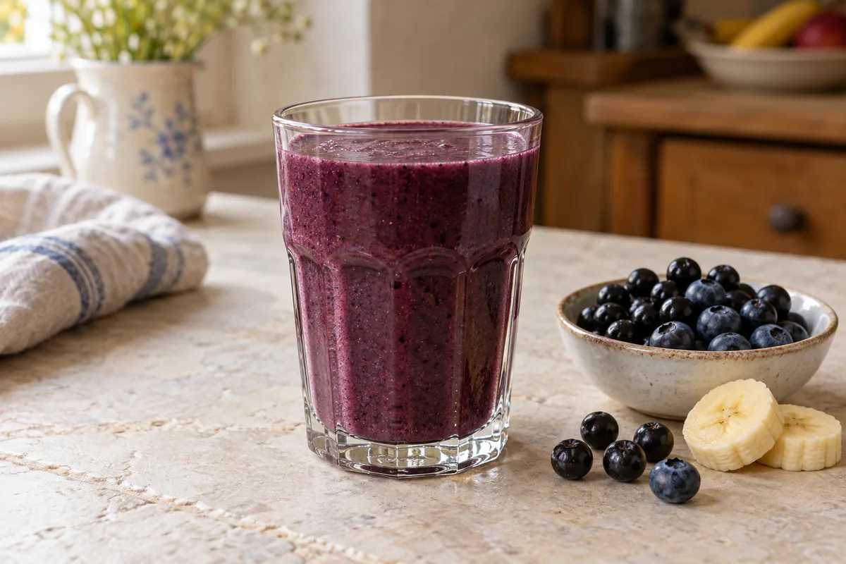 Smoothie violet aux baies d’aronia et aux myrtilles dans un verre, avec des baies et des rondelles de banane.