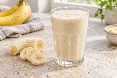 Smoothie banane onctueux dans un verre haut, rondelle de banane posée sur le bord