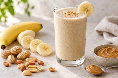 Smoothie beige épais banane beurre de cacahuète dans un verre, filet de beurre de cacahuète sur le dessus