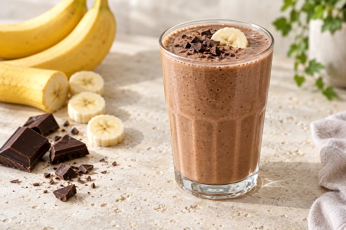 Smoothie brun banane chocolat dans un verre, cacao en poudre saupoudré sur le dessus