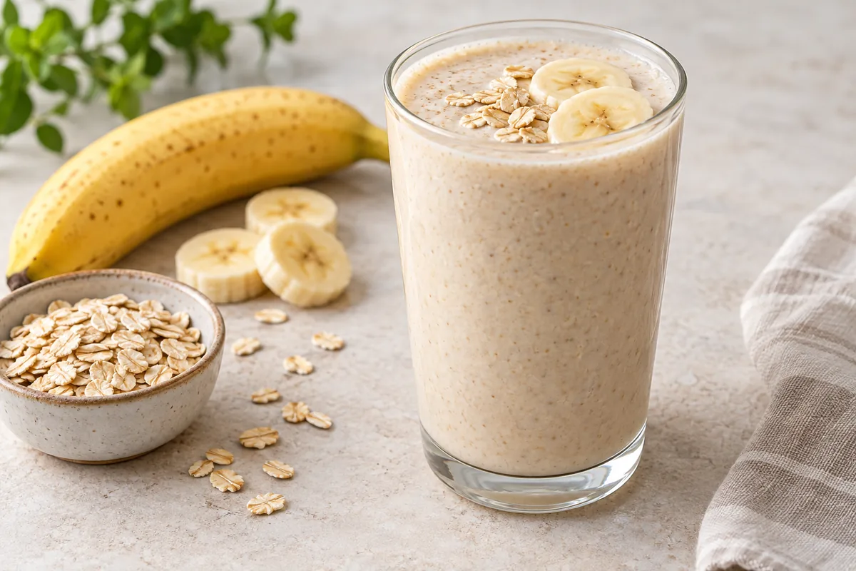 Smoothie beige banane flocons d'avoine dans un verre, flocons parsemés sur le dessus