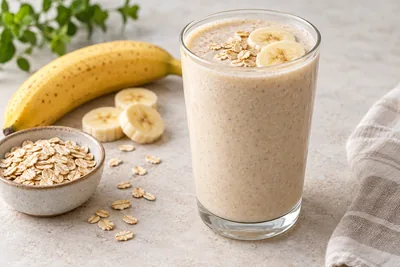 Smoothie beige banane flocons d'avoine dans un verre, flocons parsemés sur le dessus