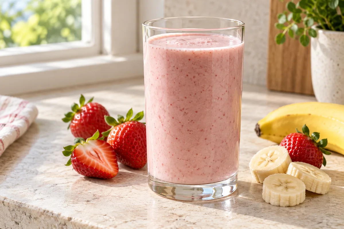 Smoothie rose banane fraise dans un verre, demi-fraise posée sur le bord