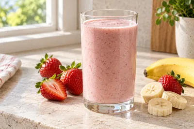 Smoothie rose banane fraise dans un verre, demi-fraise posée sur le bord