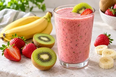 Smoothie rose et vert banane fraise kiwi dans un verre, rondelle de kiwi et demi-fraise sur le bord
