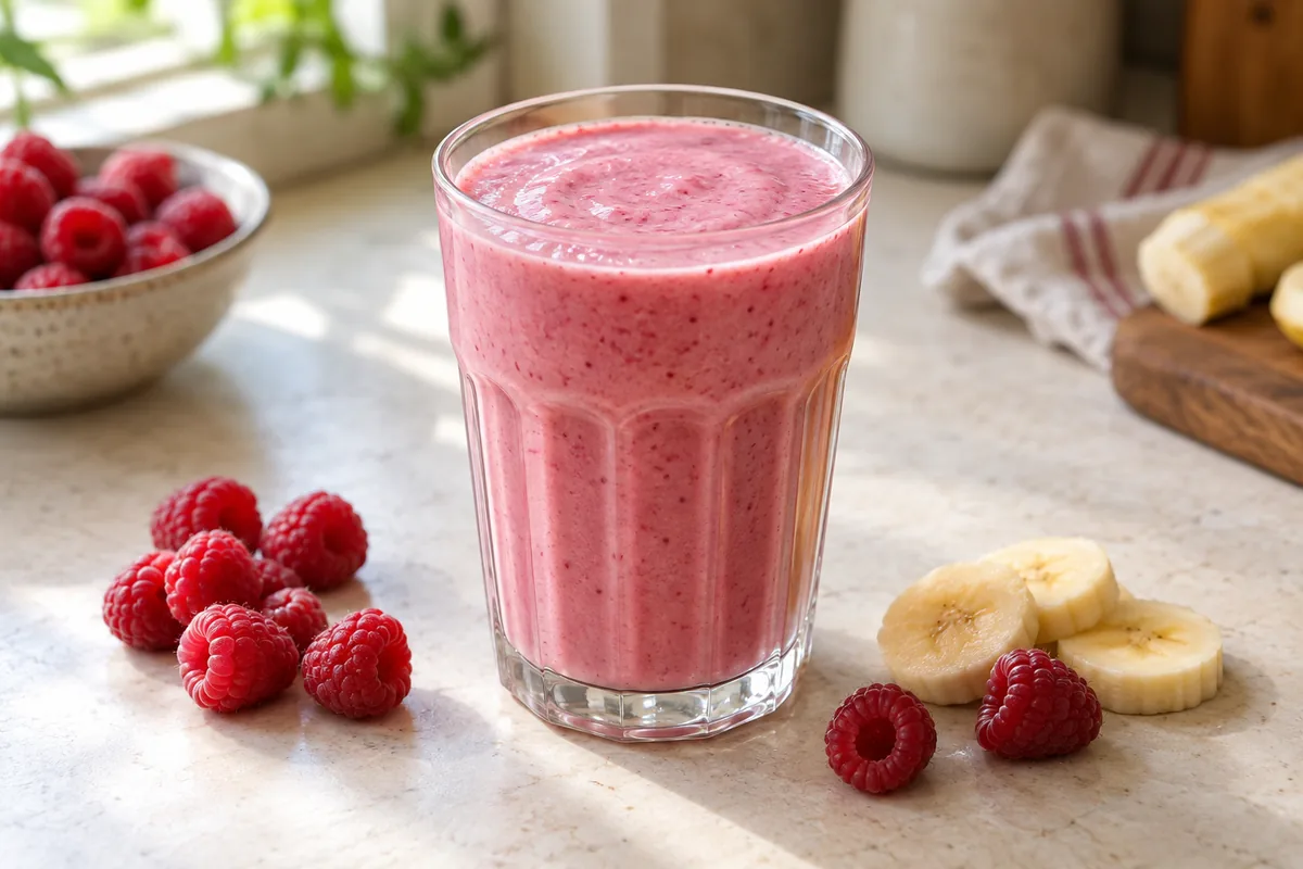 Smoothie banane framboise rose dans un verre, avec des framboises et des rondelles de banane.