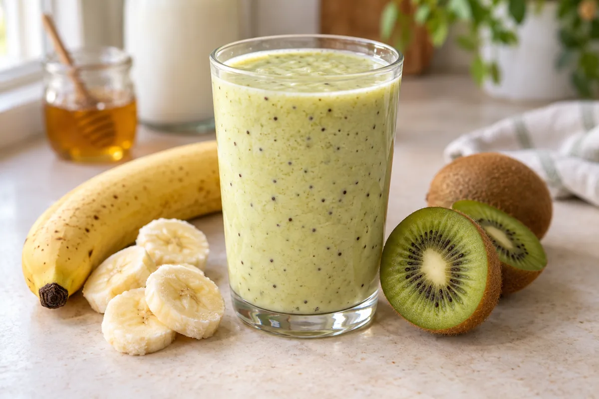 Smoothie banane kiwi vert clair dans un verre, accompagné de kiwi coupé et de rondelles de banane.