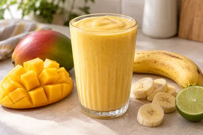 Smoothie banane mangue jaune doré dans un verre, avec de la mangue coupée et des rondelles de banane.