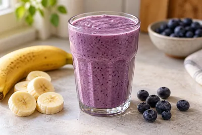 Smoothie banane myrtille violet dans un verre, avec des myrtilles fraîches et des rondelles de banane.