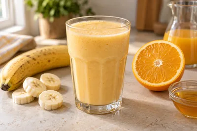 Smoothie banane orange dans un verre, avec une demi-orange et des rondelles de banane.