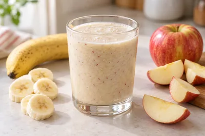 Smoothie banane pomme dans un verre, avec des quartiers de pomme et une banane.