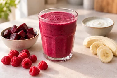 Smoothie betterave rose intense dans un verre, avec des dés de betterave et des framboises.