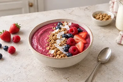 Smoothie bowl aux fruits rouges garni de granola, de copeaux de coco, de fraises, de framboises et de myrtilles.