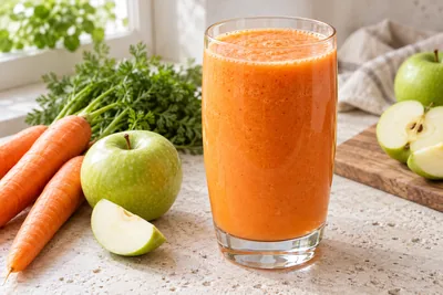 Smoothie orange clair carotte pomme dans un verre haut, carotte entière posée à côté
