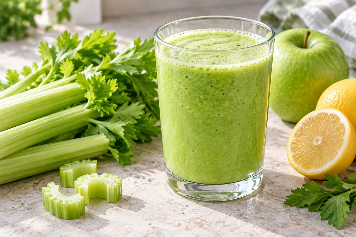 Smoothie vert clair au céleri branche dans un verre, branche de céleri posée à côté