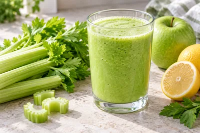 Smoothie vert clair au céleri branche dans un verre, branche de céleri posée à côté