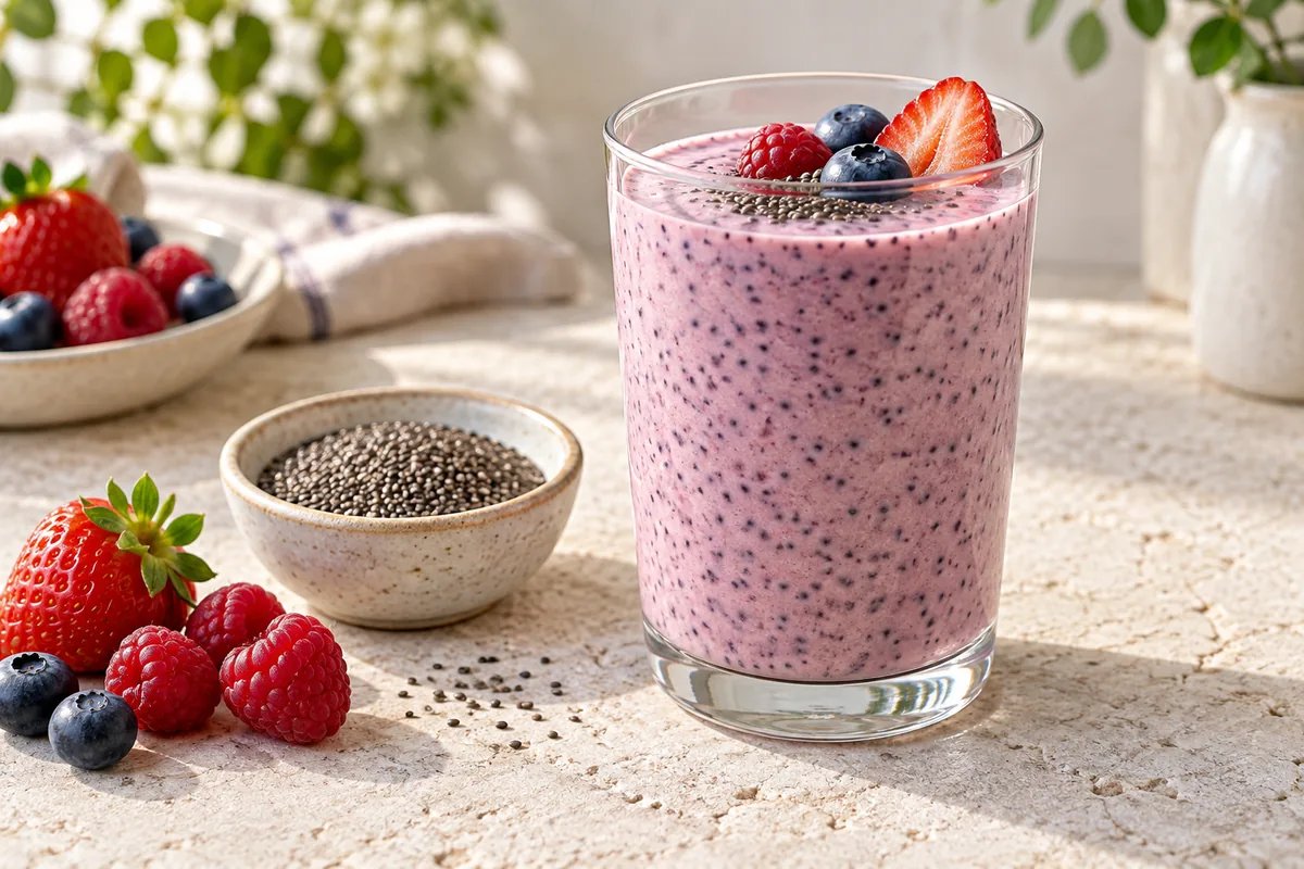 Smoothie clair aux graines de chia dans un verre, graines de chia crues posées à côté sur une cuillère
