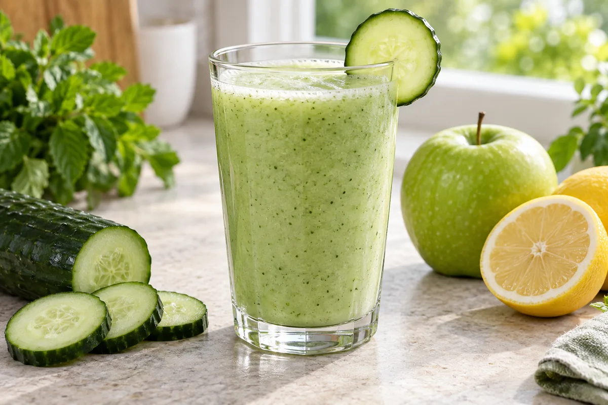 Smoothie concombre vert clair dans un verre, rondelles de concombre et feuilles de menthe posées à côté