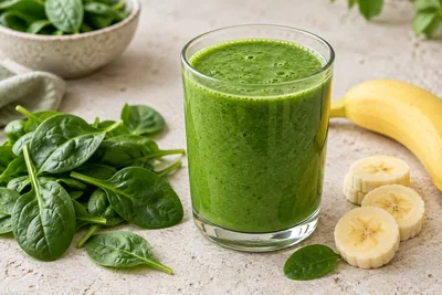 Smoothie vert épinard banane dans un verre haut avec une paille, feuilles d'épinard posées à côté