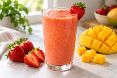Smoothie rose orangé fraise mangue dans un verre haut, fraise coupée en deux sur le bord