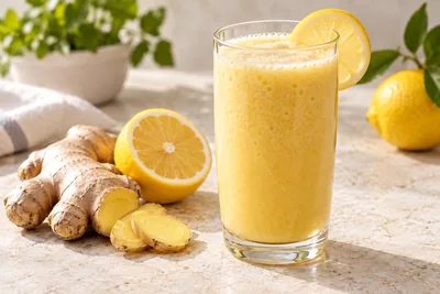 Smoothie jaune pâle au gingembre dans un verre haut, morceau de gingembre frais posé à côté