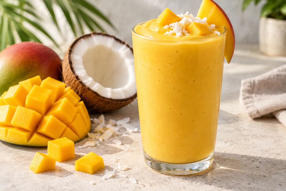 Smoothie jaune mangue coco dans un verre haut, copeaux de noix de coco sur le dessus