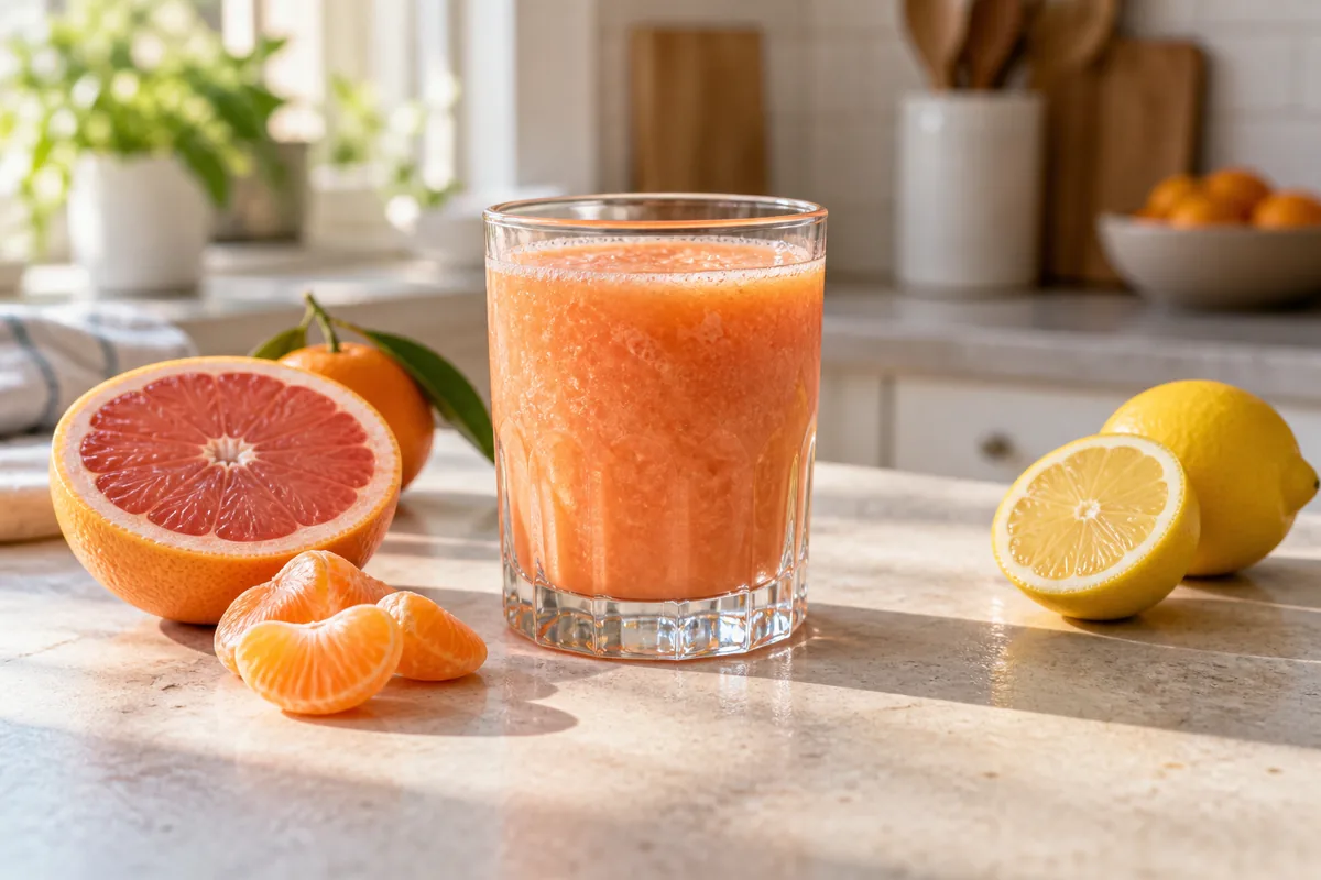 Smoothie pamplemousse, citron et clémentine dans un verre transparent, accompagné d’agrumes frais.