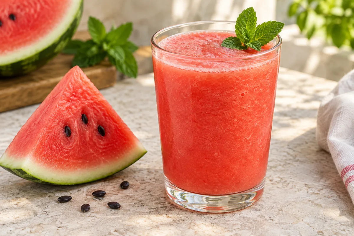 Smoothie rose pastèque dans un verre haut, feuille de menthe et morceau de pastèque sur le bord