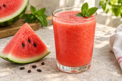 Smoothie rose pastèque dans un verre haut, feuille de menthe et morceau de pastèque sur le bord