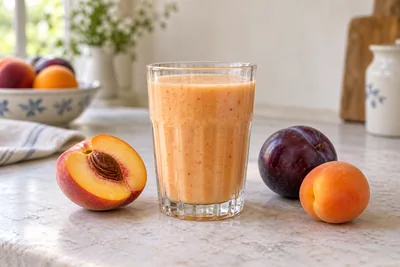 Smoothie pêche, prune et abricot dans un verre à facettes, avec une demi-pêche et des fruits frais.