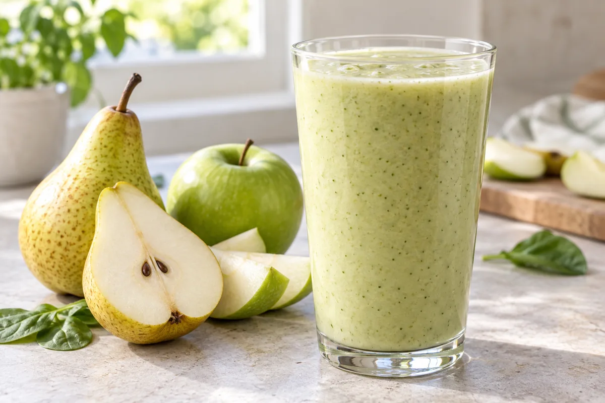 Smoothie beige poire pomme dans un verre haut, quartier de poire posé sur le bord