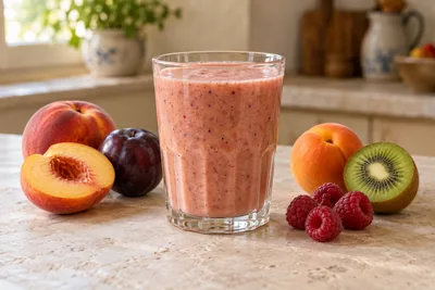 Smoothie rosé à la prune, au kiwi, à la pêche, à la framboise et à l’abricot dans un verre, entouré de fruits.