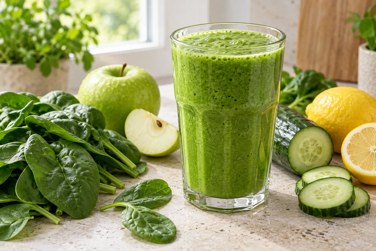 Smoothie vert clair dans un verre haut, feuilles d'épinard et rondelle de concombre posées à côté