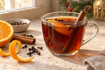 Tasse de thé de Noël maison avec bâtons de cannelle, zestes d'orange séchés et clous de girofle sur la table