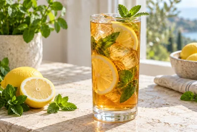 Thé glacé citron menthe dans un verre haut et transparent, rondelles de citron et feuilles de menthe fraîche flottant à la surface, glaçons