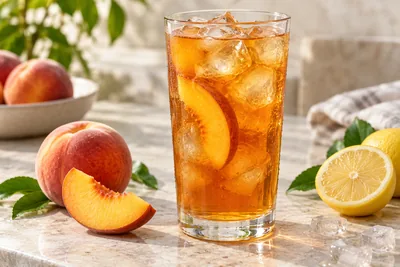 Thé glacé à la pêche dans une carafe en verre, tranches de pêche et de citron flottant à la surface, glaçons