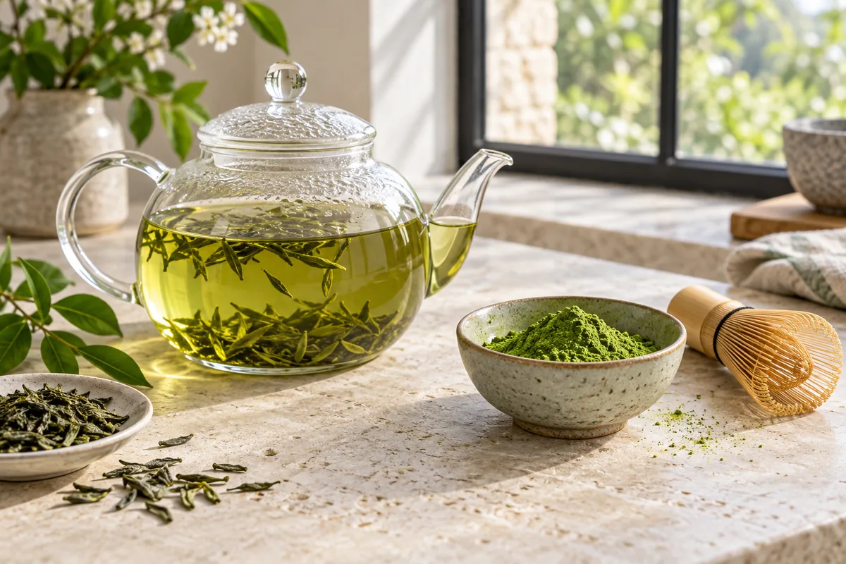 Théière en verre avec du thé vert infusé et un bol de poudre de matcha posé à côté