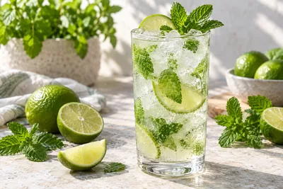 Verre de virgin mojito avec glace pilée, feuilles de menthe et rondelles de citron vert