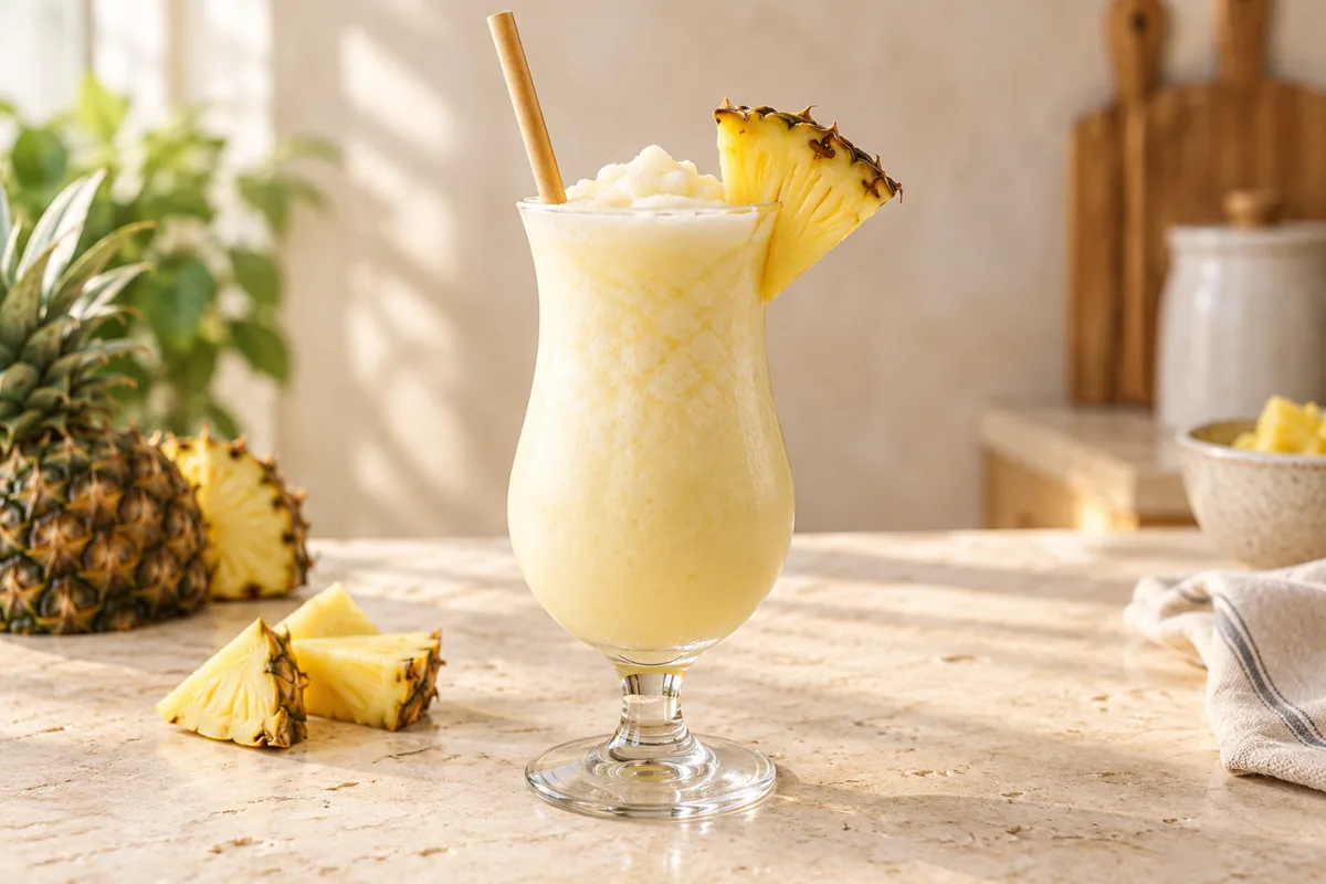 Virgin piña colada glacée dans un verre à pied avec une tranche d’ananas et une paille, sur une table claire.