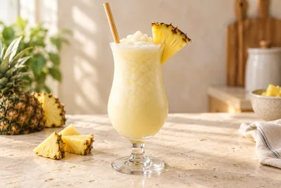 Virgin piña colada glacée dans un verre à pied avec une tranche d’ananas et une paille, sur une table claire.